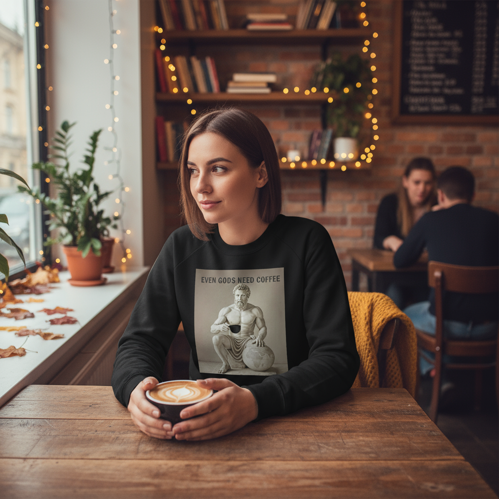 Atlas sweatshirt in coffee shop