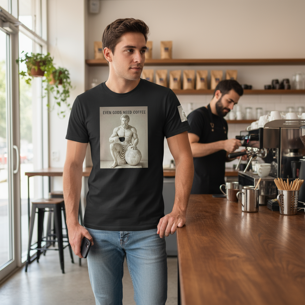 Atlas t-shirt at coffee counter