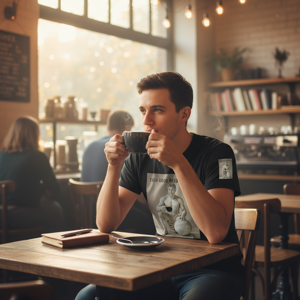 Atlas t-shirt in coffee shop