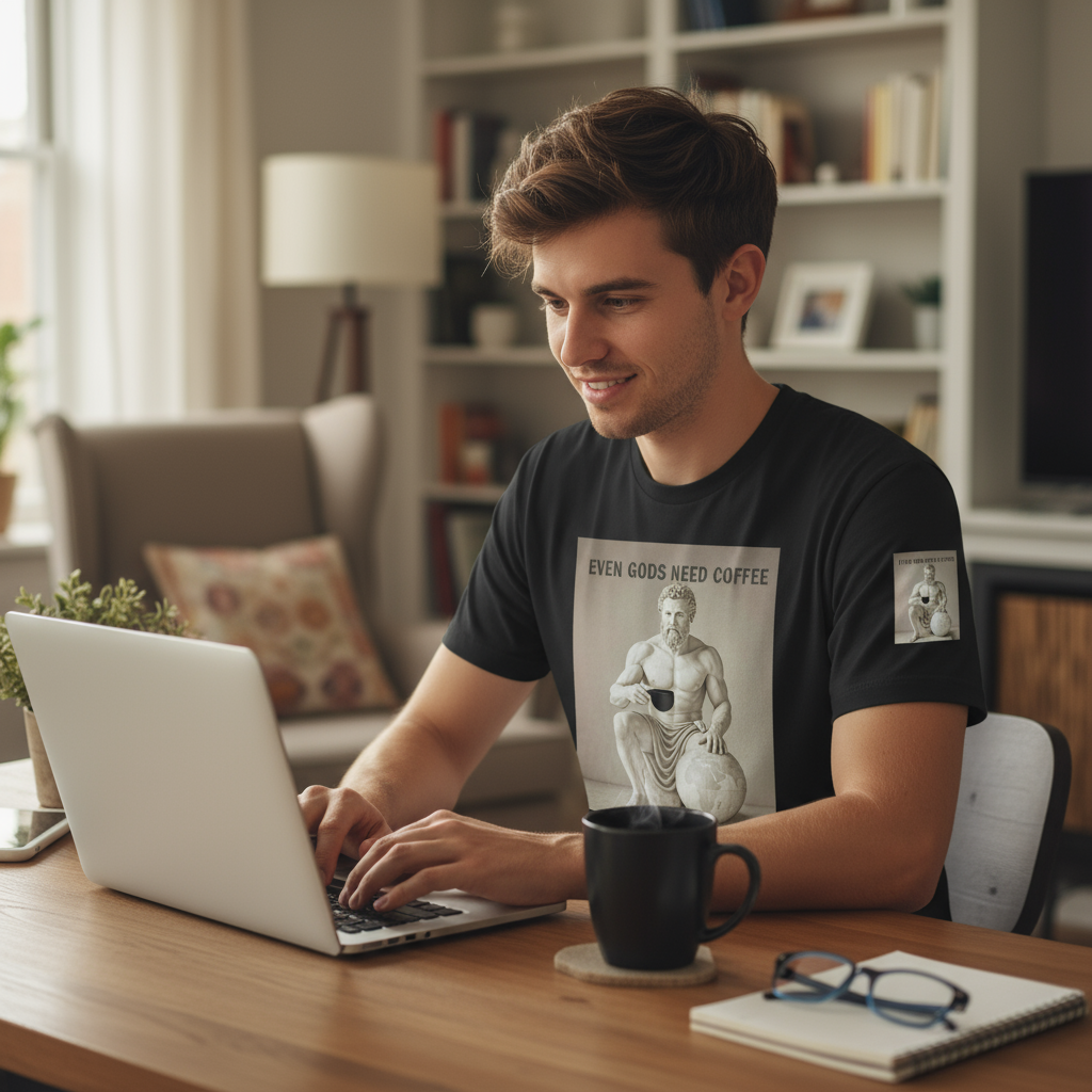 Atlas t-shirt in home workspace