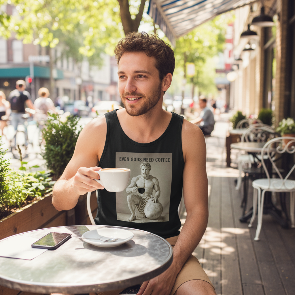 Atlas tank top at outdoor cafe