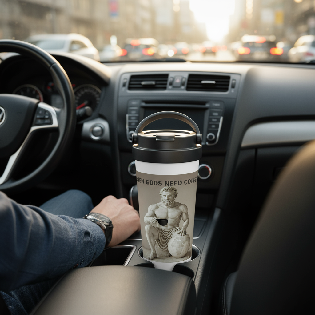 Atlas travel mug in car