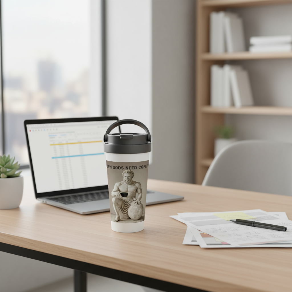 Atlas travel mug on desk