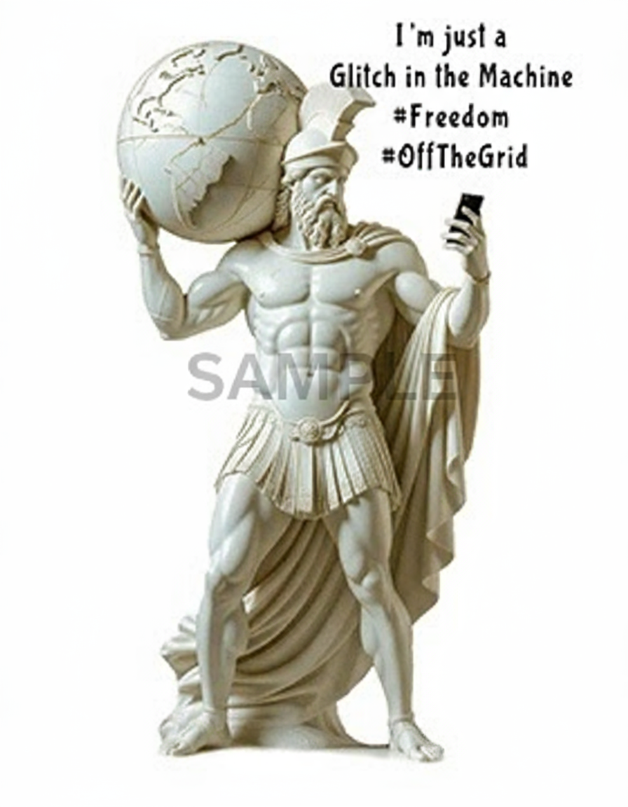 Atlas Greek god statue carrying globe with motivational text I'm just a Glitch in the Machine Freedom Off The Grid - digital art print for rebels and free thinkers
