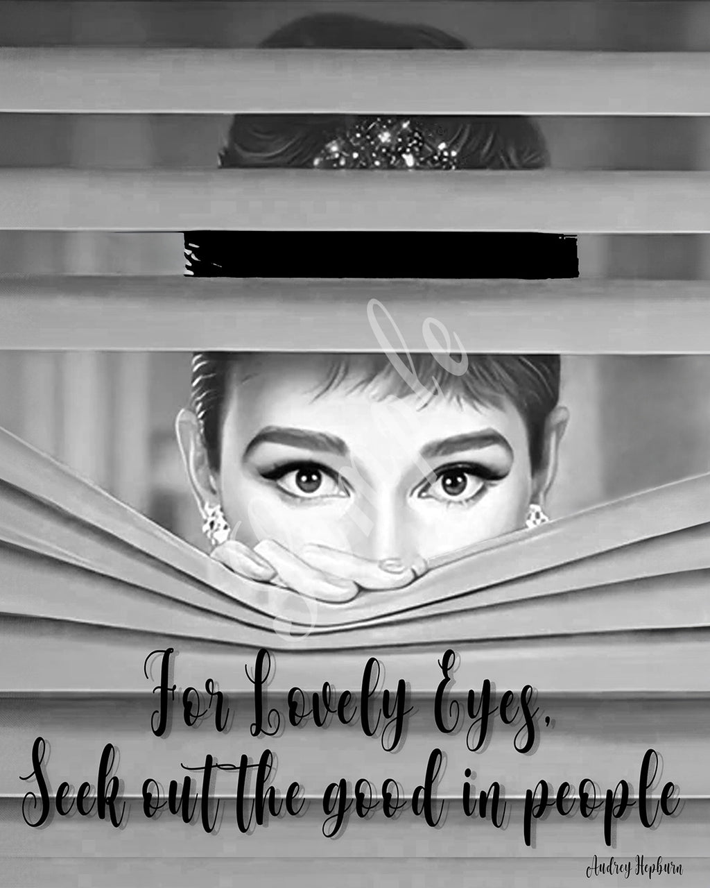 Black and white image of a woman peering through blinds with a quote about noticing good in people.