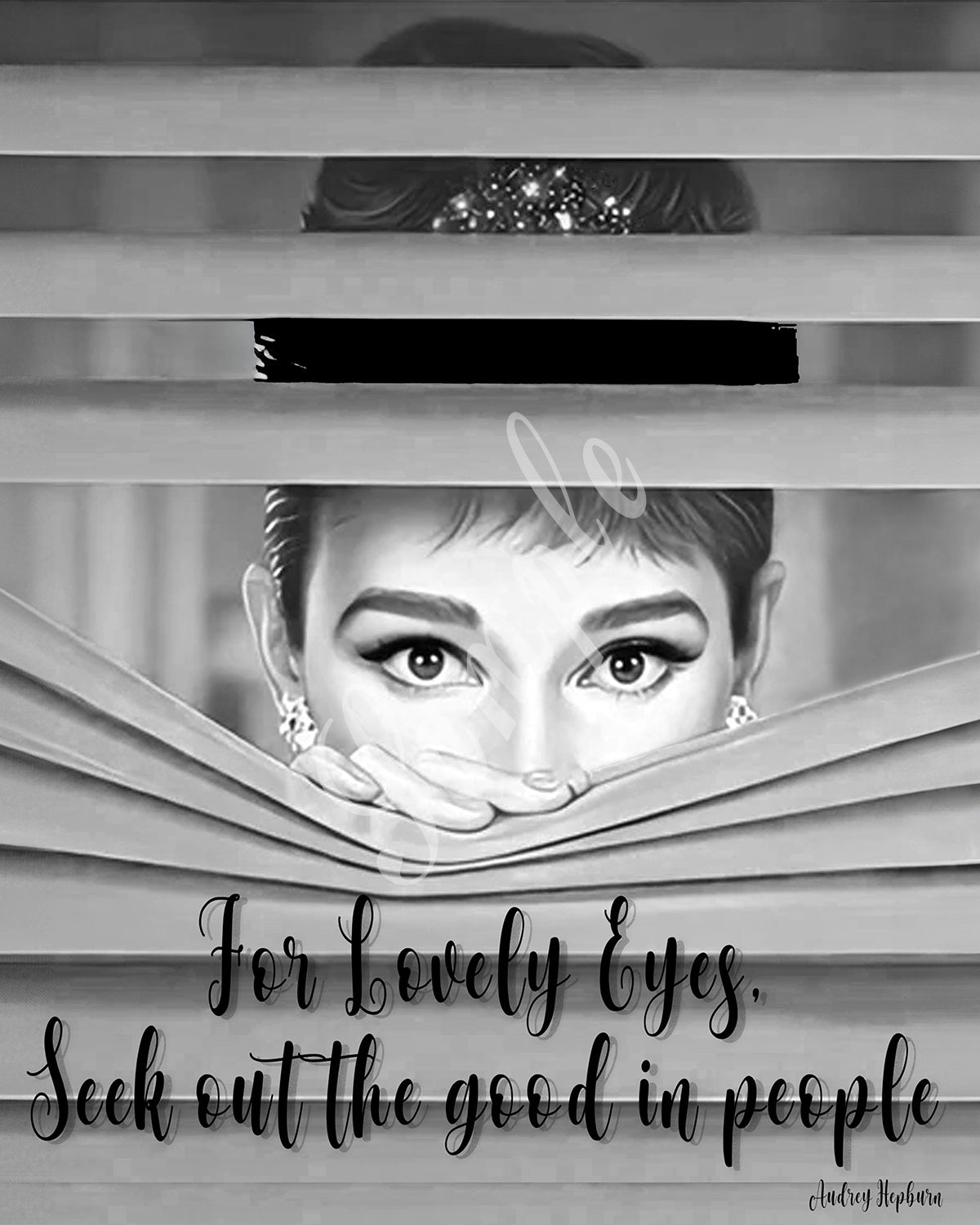 Black and white image of a woman peering through blinds with a quote about noticing good in people.