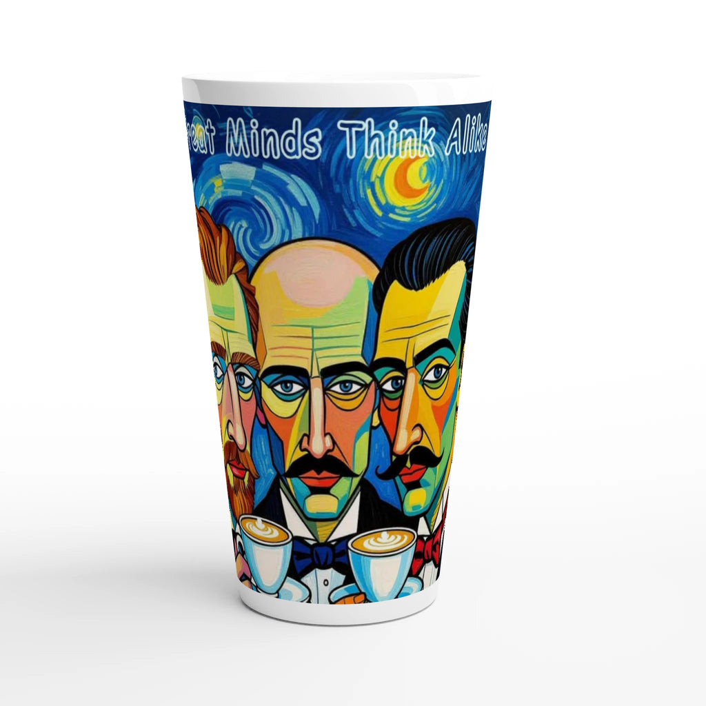 Colorful cup with artistic design and text on a white background