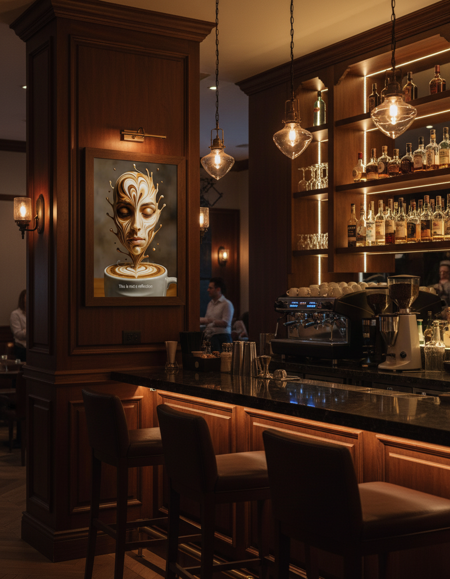 Surreal latte art wall decor displayed in upscale bar interior with moody lighting and dark wood paneling"