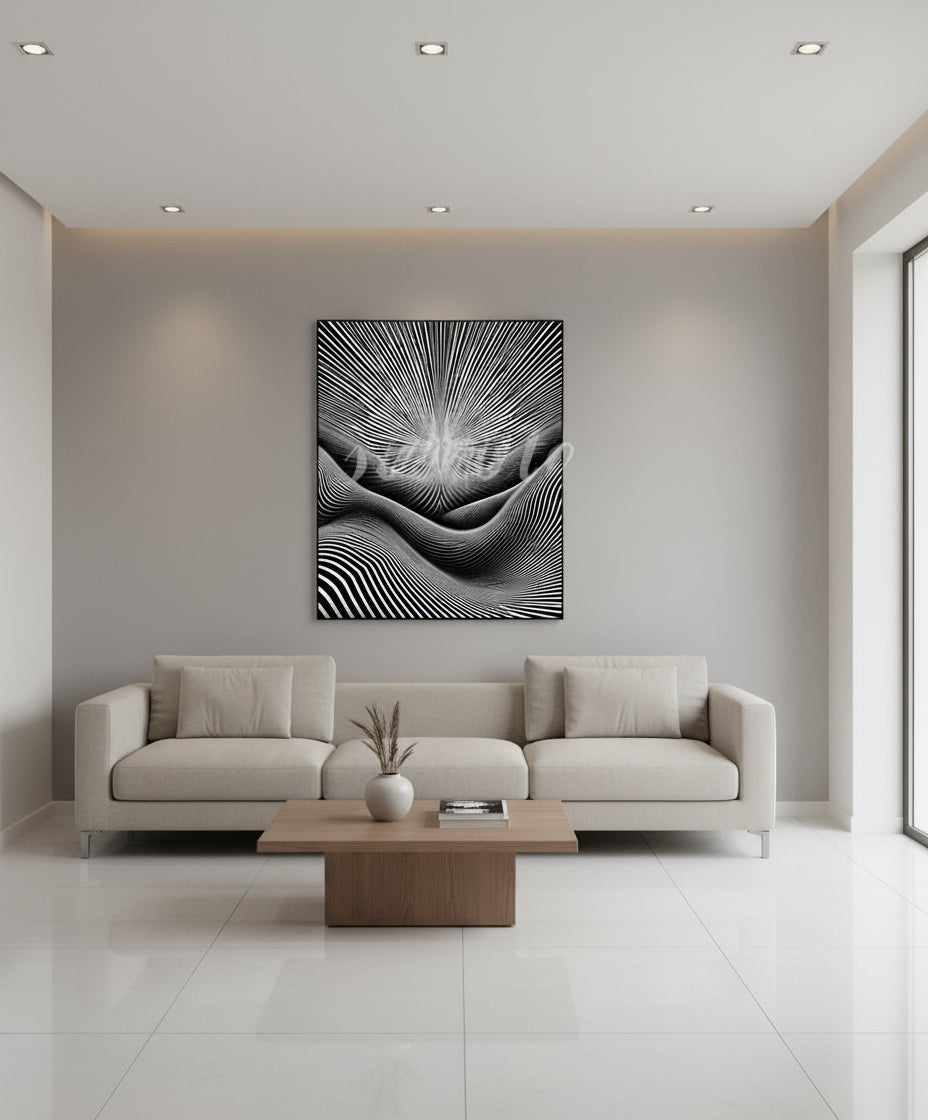 Black and white hypnotic wave optical illusion 3D art print - modern abstract geometric wall decor digital download
