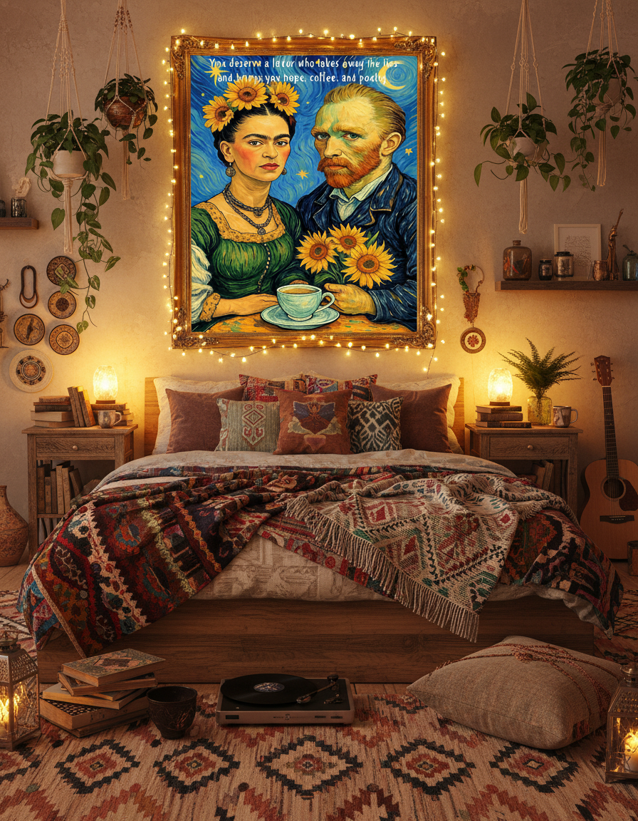 Frida Kahlo and Van Gogh romantic coffee art print displayed in bohemian bedroom with warm lighting"