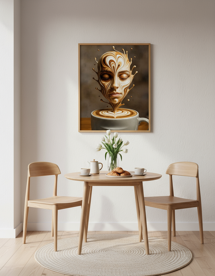  "Coffee art print with face in latte art displayed in minimalist Scandinavian breakfast nook with morning light"