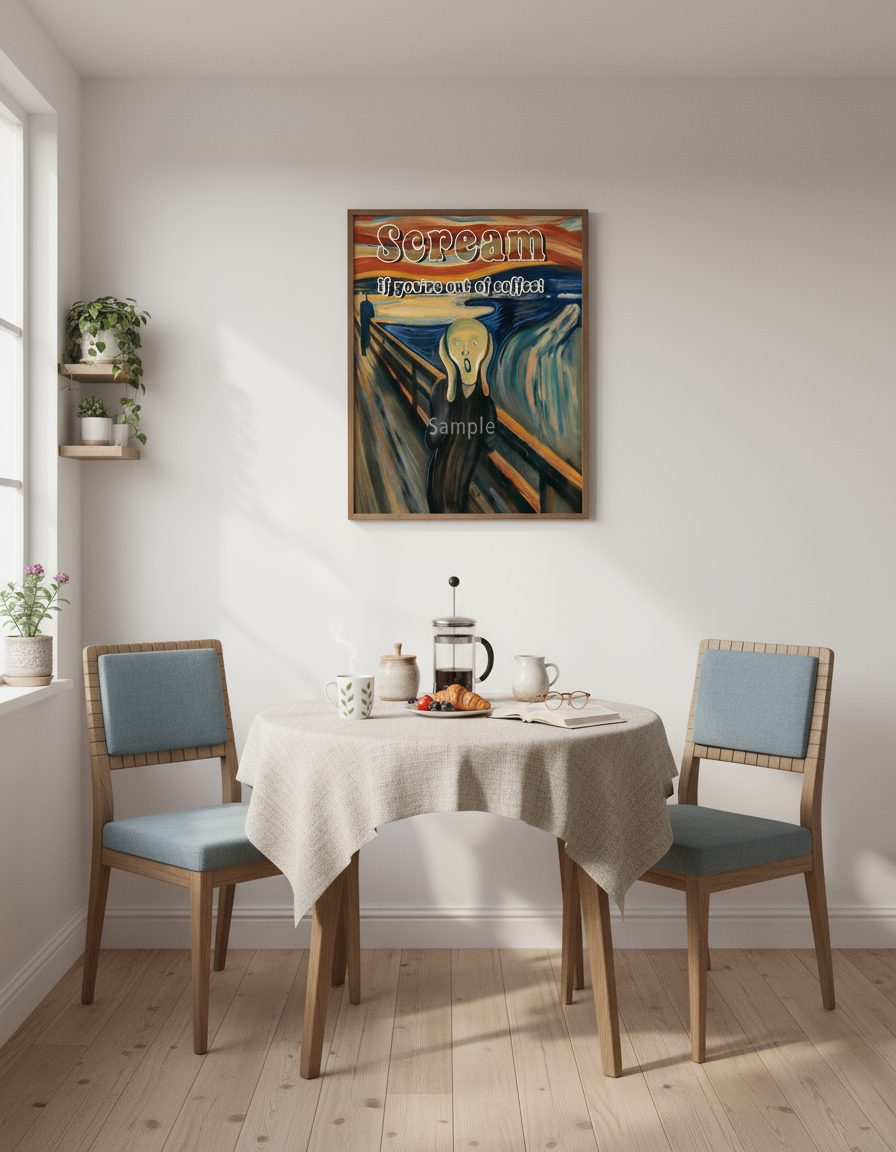 "The Scream out of coffee print in office break room with coffee maker"