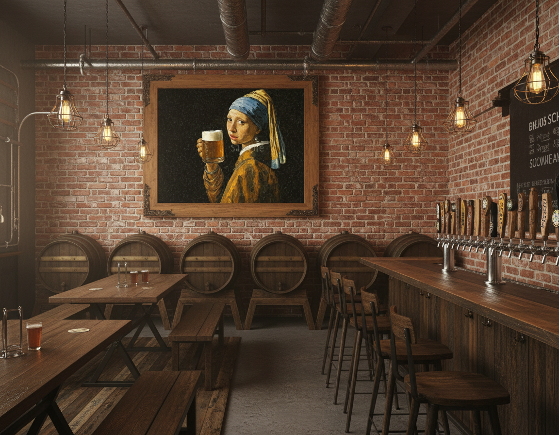 "Funny Girl with Pearl Earring beer art in craft brewery pub interior"