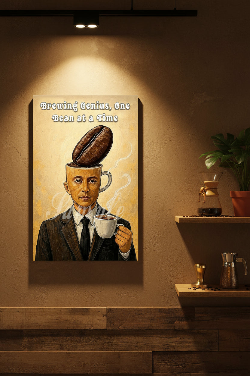 Illustration of a man with a coffee bean on his head holding a cup of coffee, with text 'Brewing Genius, One Bean at a Time' on a beige background.