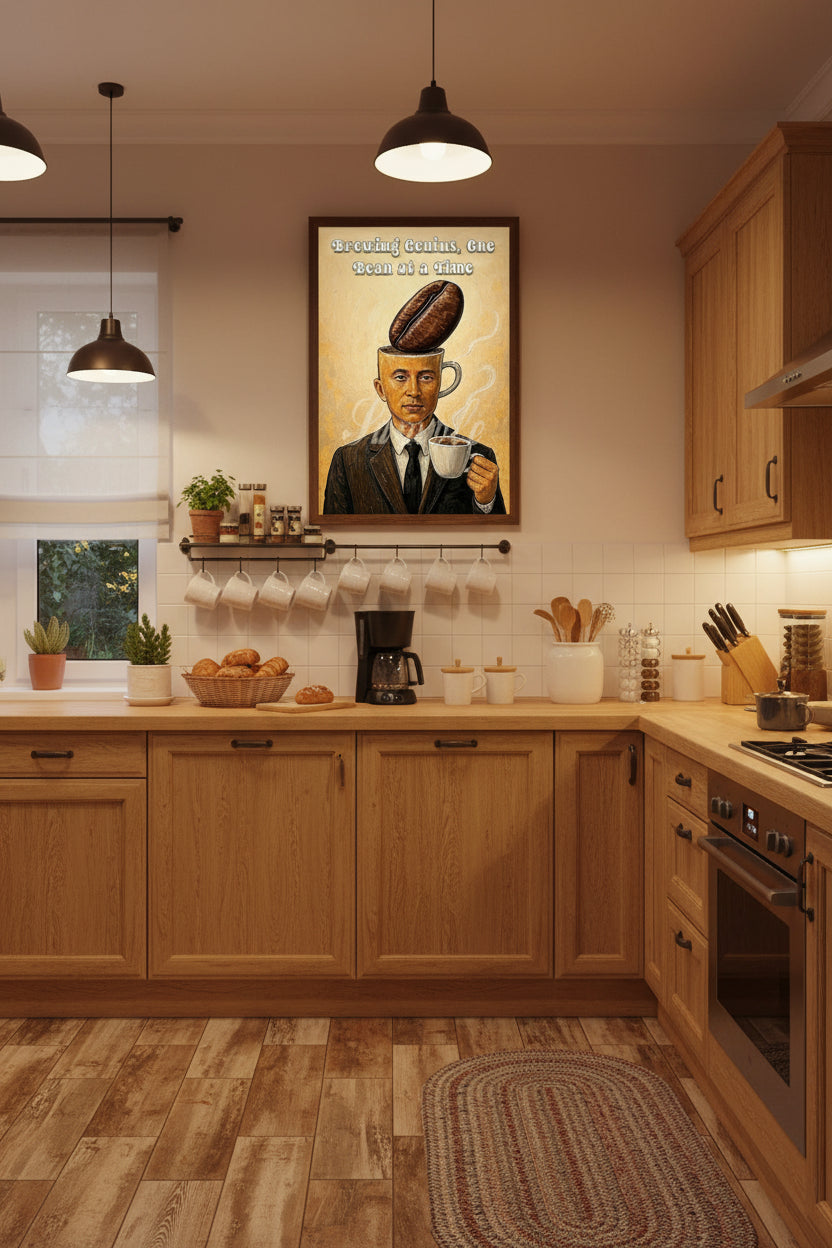Illustration of a man with a coffee bean on his head holding a cup of coffee, with text 'Brewing Genius, One Bean at a Time' on a beige background.
