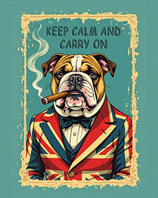 British Bulldog in Union Jack blazer smoking pipe with Keep Calm and Carry On vintage poster - UK patriotic wall art