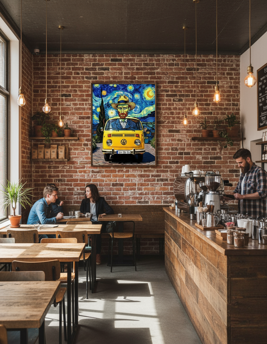 Van Gogh VW camper art print on exposed brick wall in vintage cafe - coffee shop decor mockup