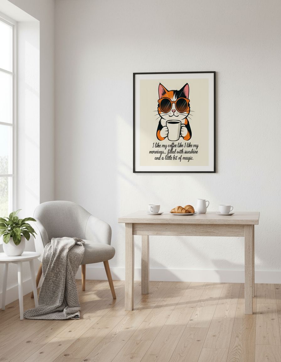 Calico cat with coffee quote in cozy breakfast nook with morning coffee - charming wall art lifestyle photography for kitchen decor

