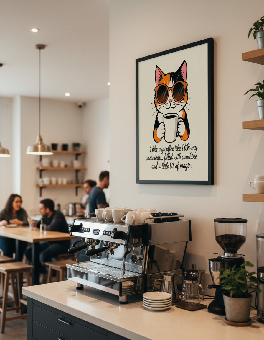 Calico cat with sunglasses coffee art in modern coffee bar cafe setting - cute cat print lifestyle mockup for coffee shop decor
