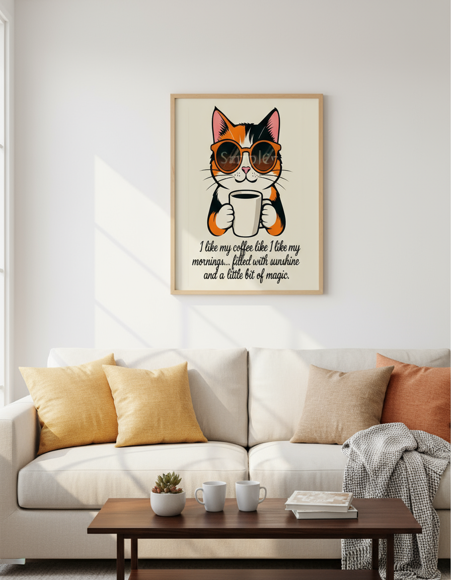 Calico cat coffee sunshine and magic quote in cozy living room - charming wall art lifestyle photography for home decor
