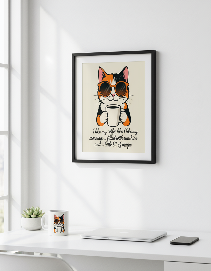 Calico cat coffee art in bright modern office with coffee mug - sunshine and magic motivational print for workspace wall decor
