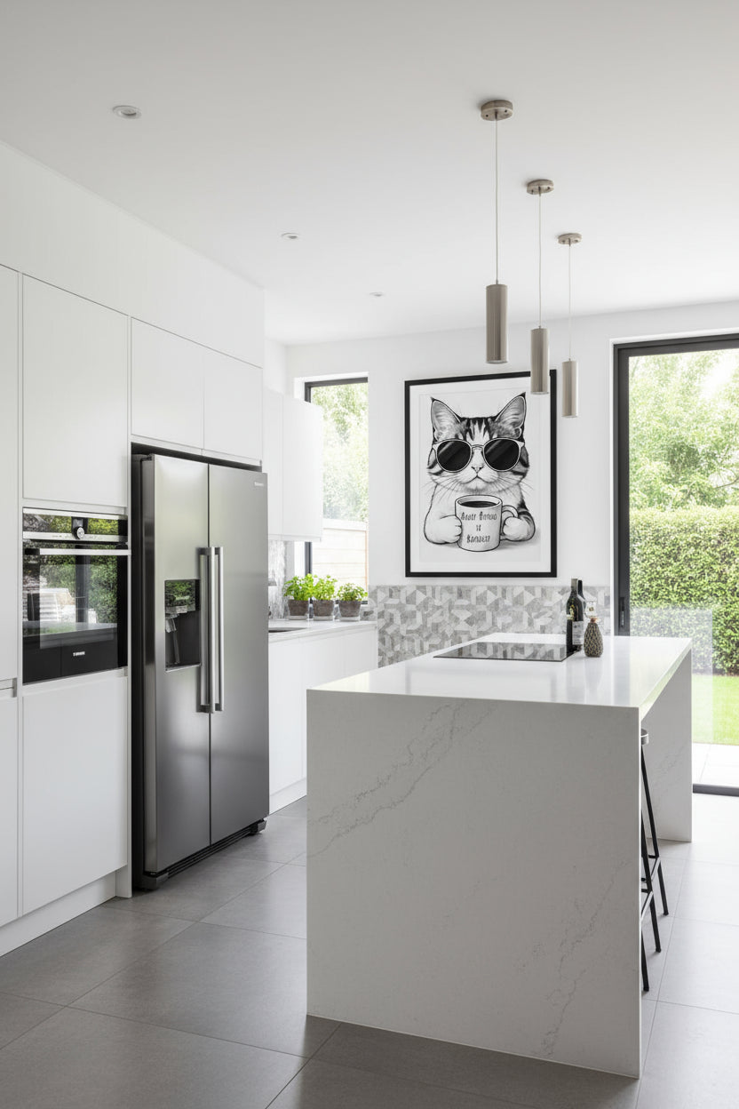 Cool black and white cat with sunglasses holding coffee cup - Decaf Coffee is Depresso funny cat art print for coffee lovers
