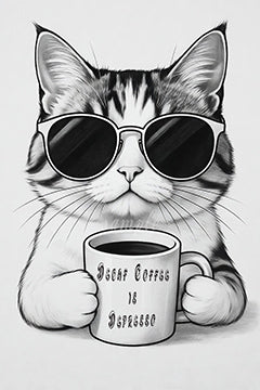 Cool black and white cat with sunglasses holding coffee cup - Decaf Coffee is Depresso funny cat art print for coffee lovers
