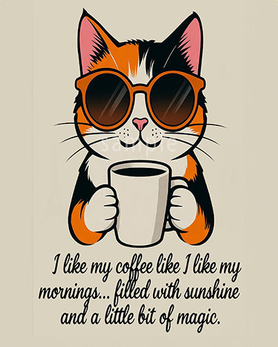 Calico cat with sunglasses holding coffee cup with I like my coffee like my mornings filled with sunshine and magic quote - 25x20 cute coffee art print digital download for cat lovers
