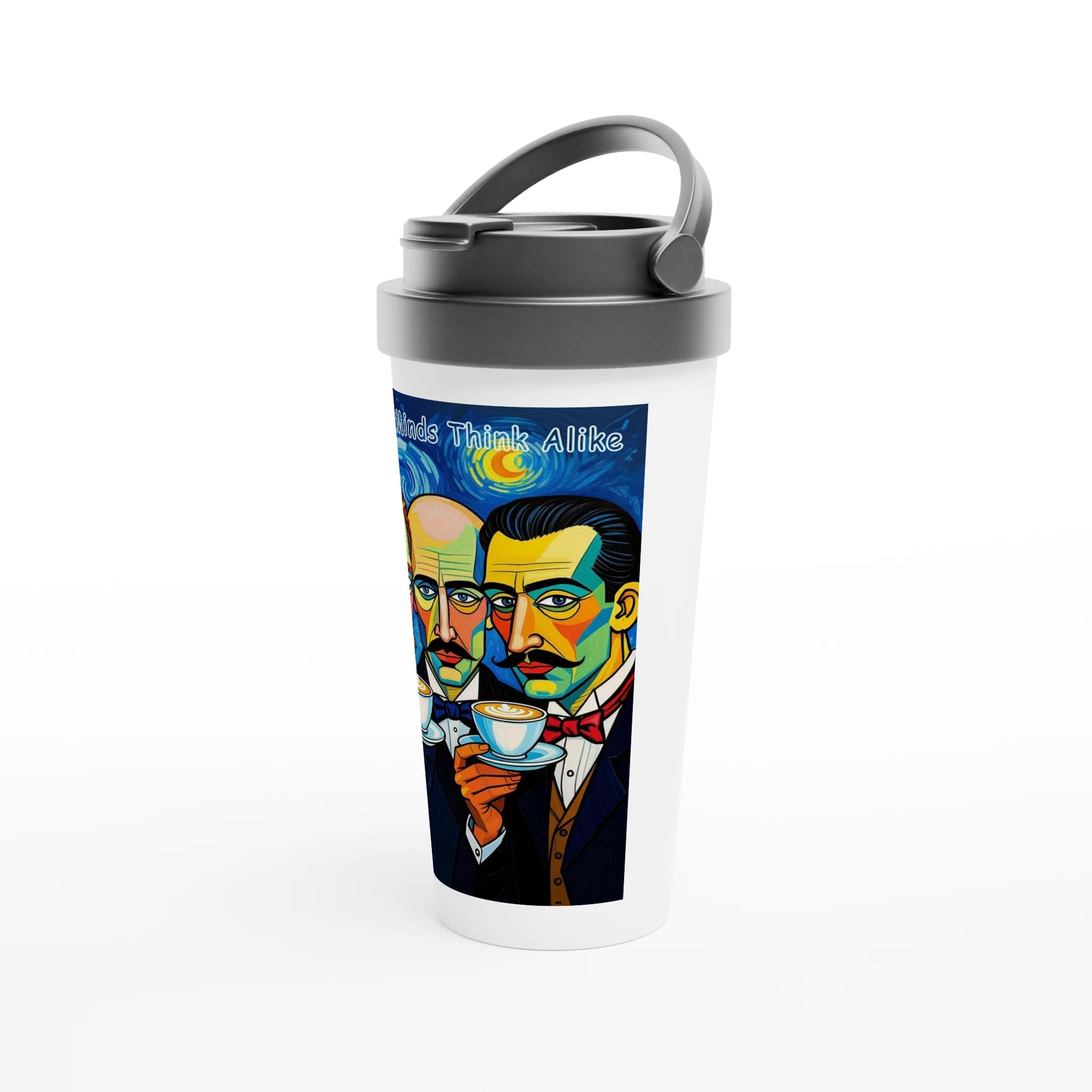 Tumbler with a colorful design of two men and text on a white background