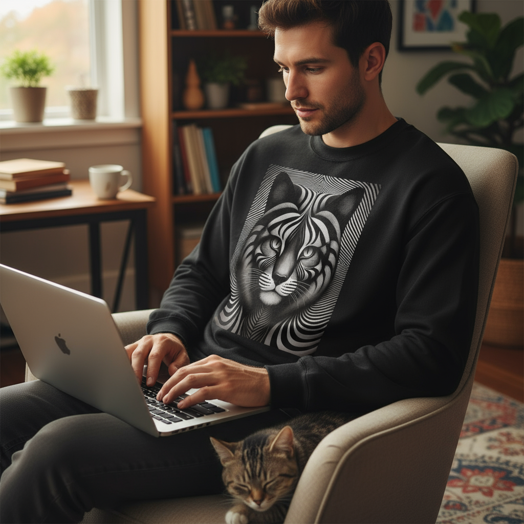 Close-up of optical illusion cat sweatshirt while working from home