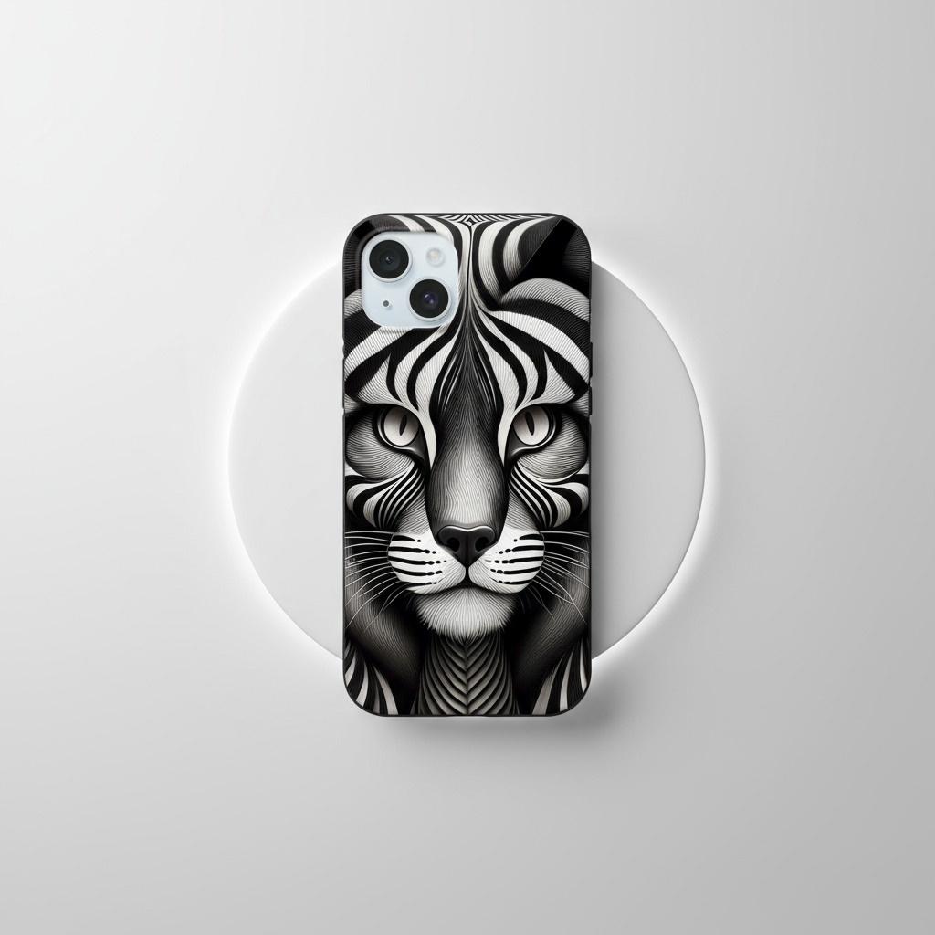 Close-up optical illusion cat phone case on wireless charging pad