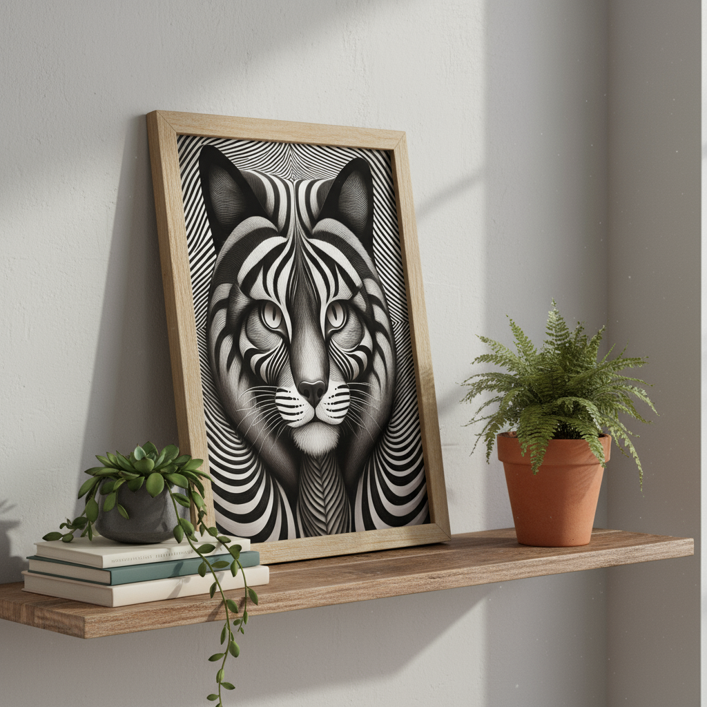 Close-up optical illusion cat poster in frame on shelf with books
