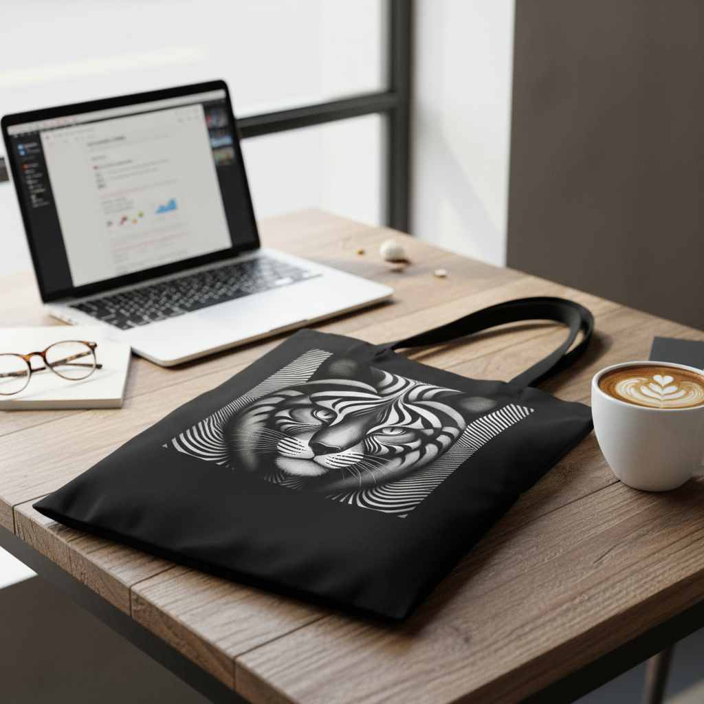 Close-up optical illusion cat tote bag on cafe table with coffee
