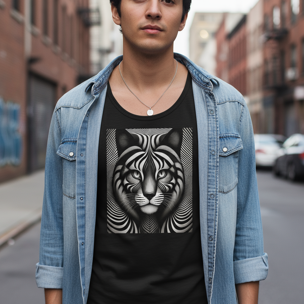 Close-up person wearing optical illusion cat tank top layered under shirt