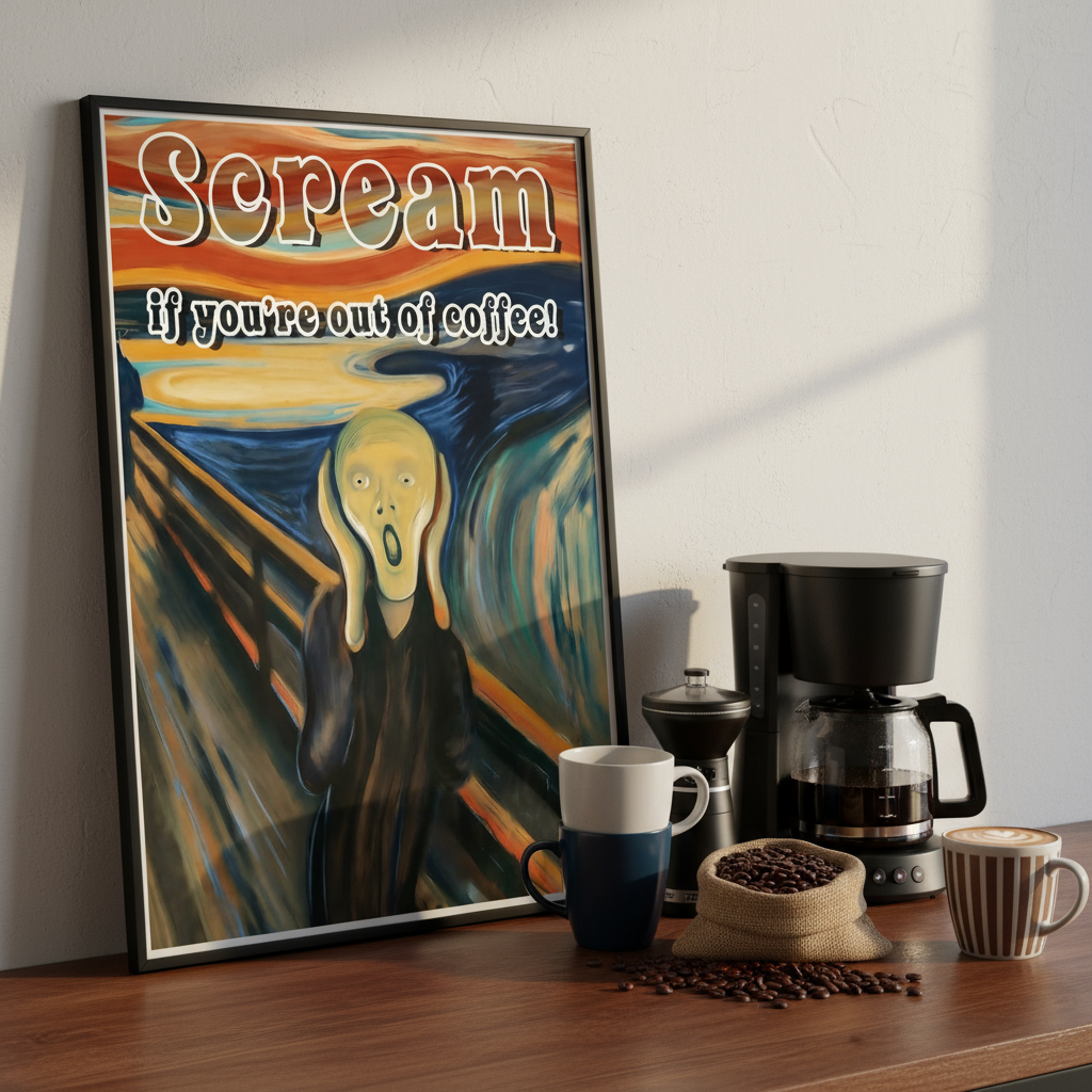 Close-up scream if you're out of coffee poster in frame with coffee props