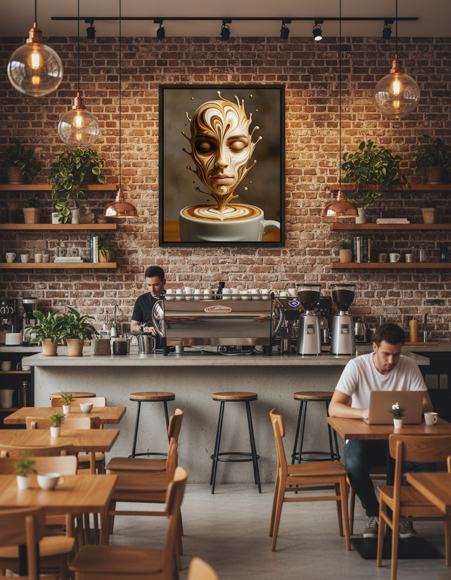 This is Not a Reflection surreal coffee art print displayed on brick wall in modern coffee shop with espresso bar"