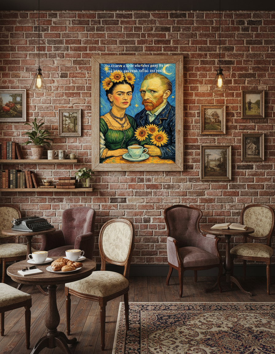 "Hope coffee and poetry art print featuring Frida and Van Gogh in charming coffee shop interior"