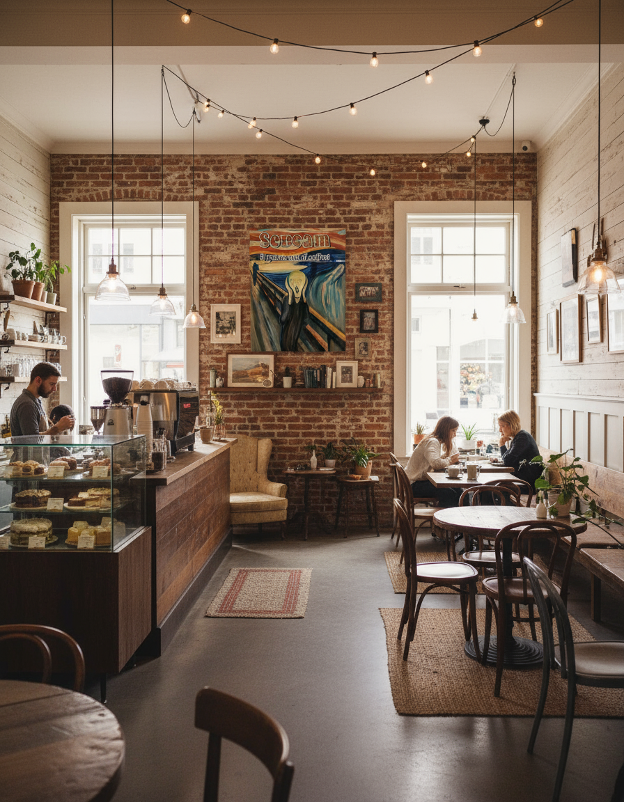 "Funny Munch coffee parody art displayed in charming coffee shop interior"