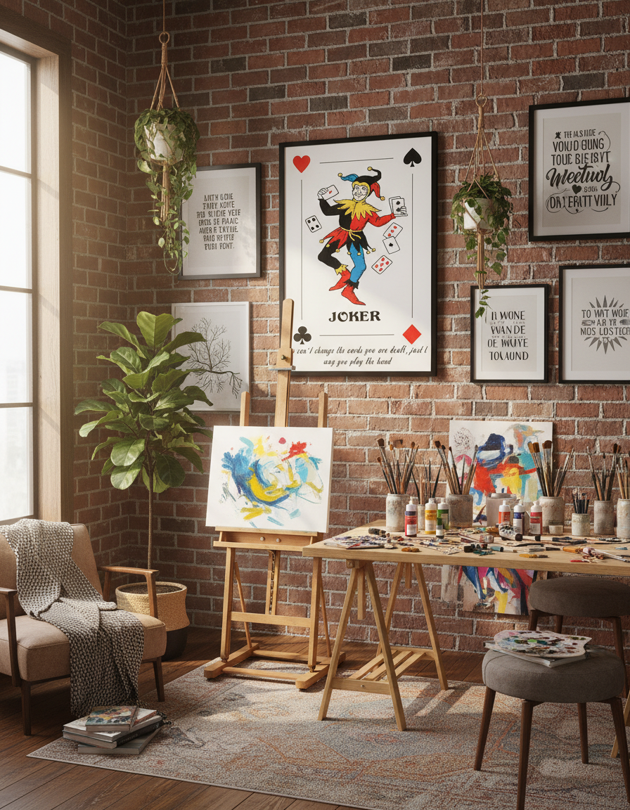 Empowering Joker card art displayed in artistic creative workspace"