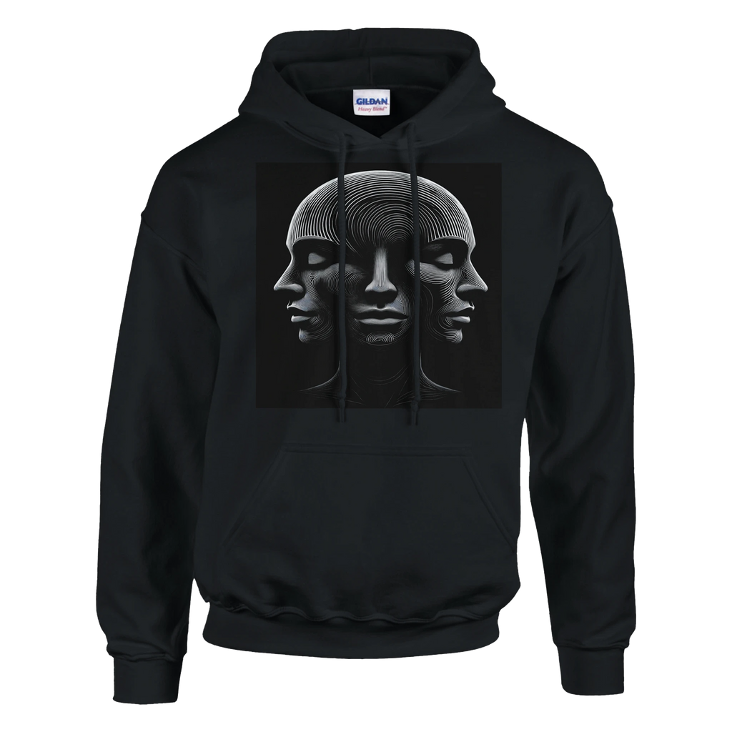Black hoodie with a graphic design of three faces on a white background