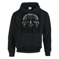 Black hoodie with a graphic design of three faces on a white background