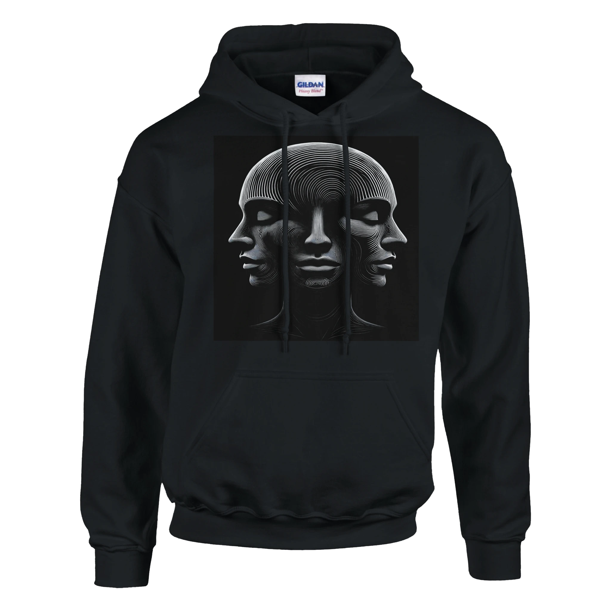 Black hoodie with a graphic design of three faces on a white background