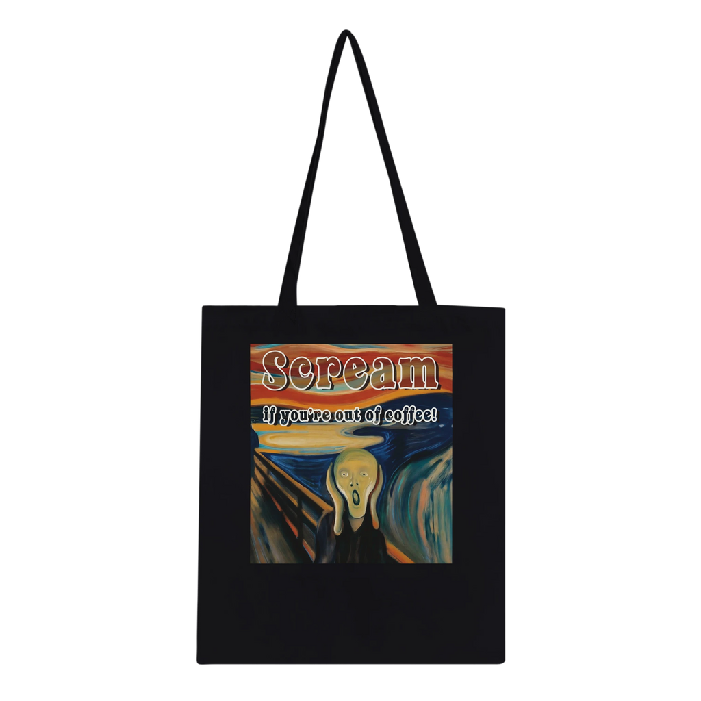 Black tote bag with 'Scream' graphic and text on a white background