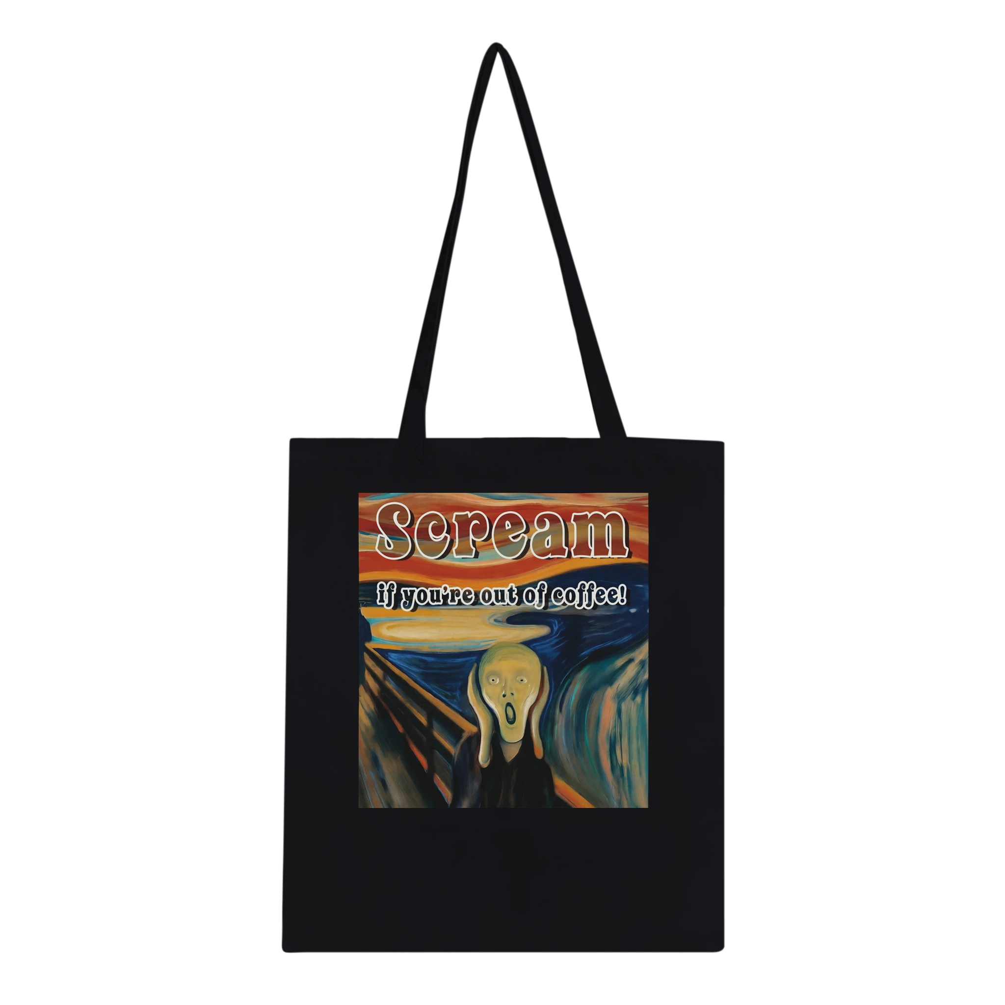 Black tote bag with 'Scream' graphic and text on a white background
