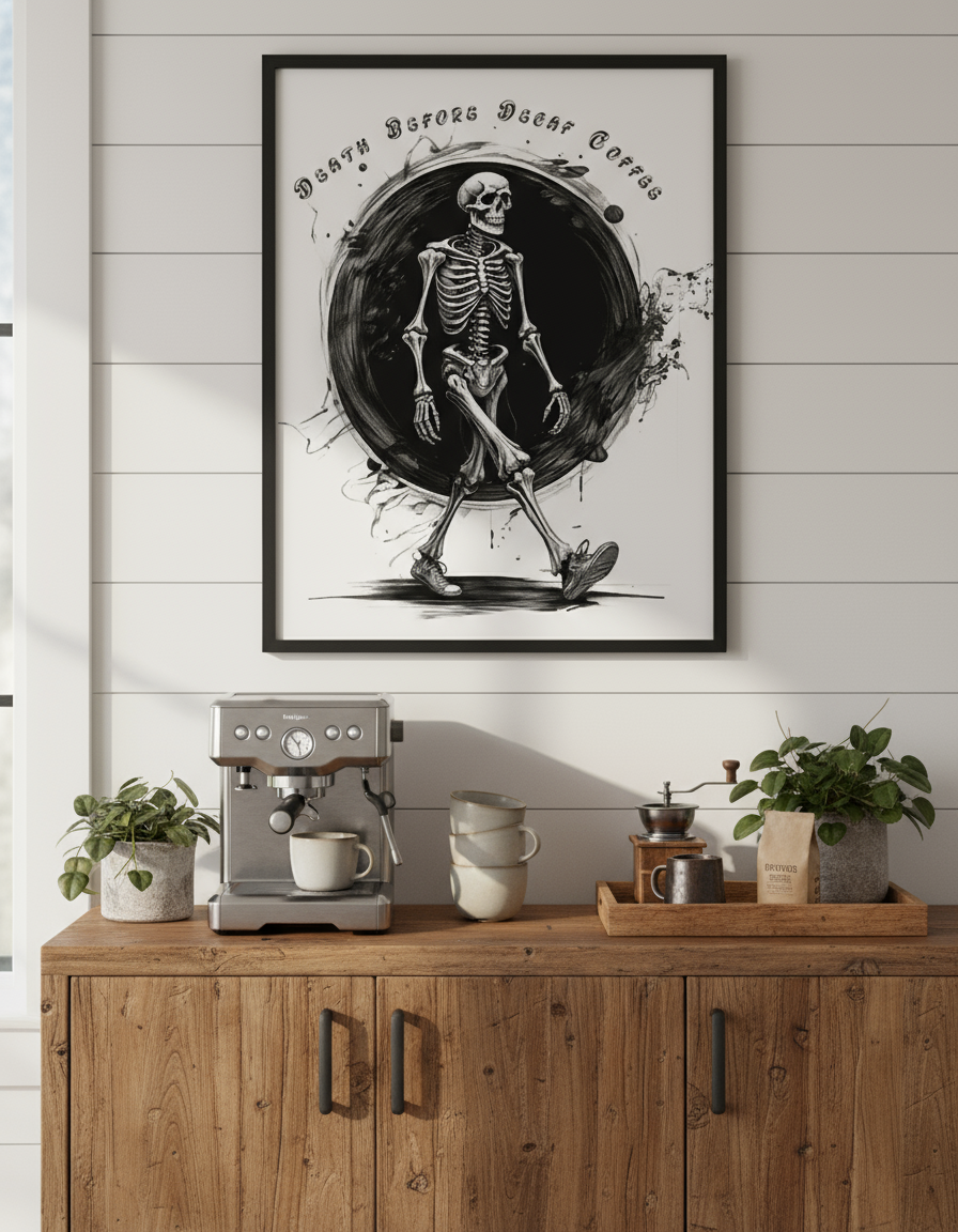 "Death Before Decaf skeleton art print framed in black hanging above rustic coffee bar station with espresso machine in modern farmhouse kitchen"