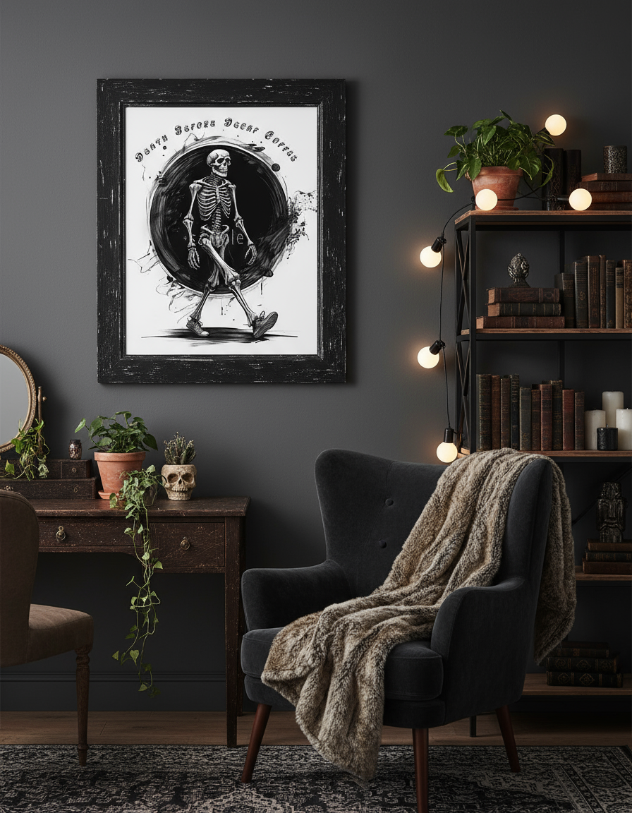 Death Before Decaf skeleton print in distressed frame on dark wall in gothic alternative bedroom with string lights and vintage decor"

