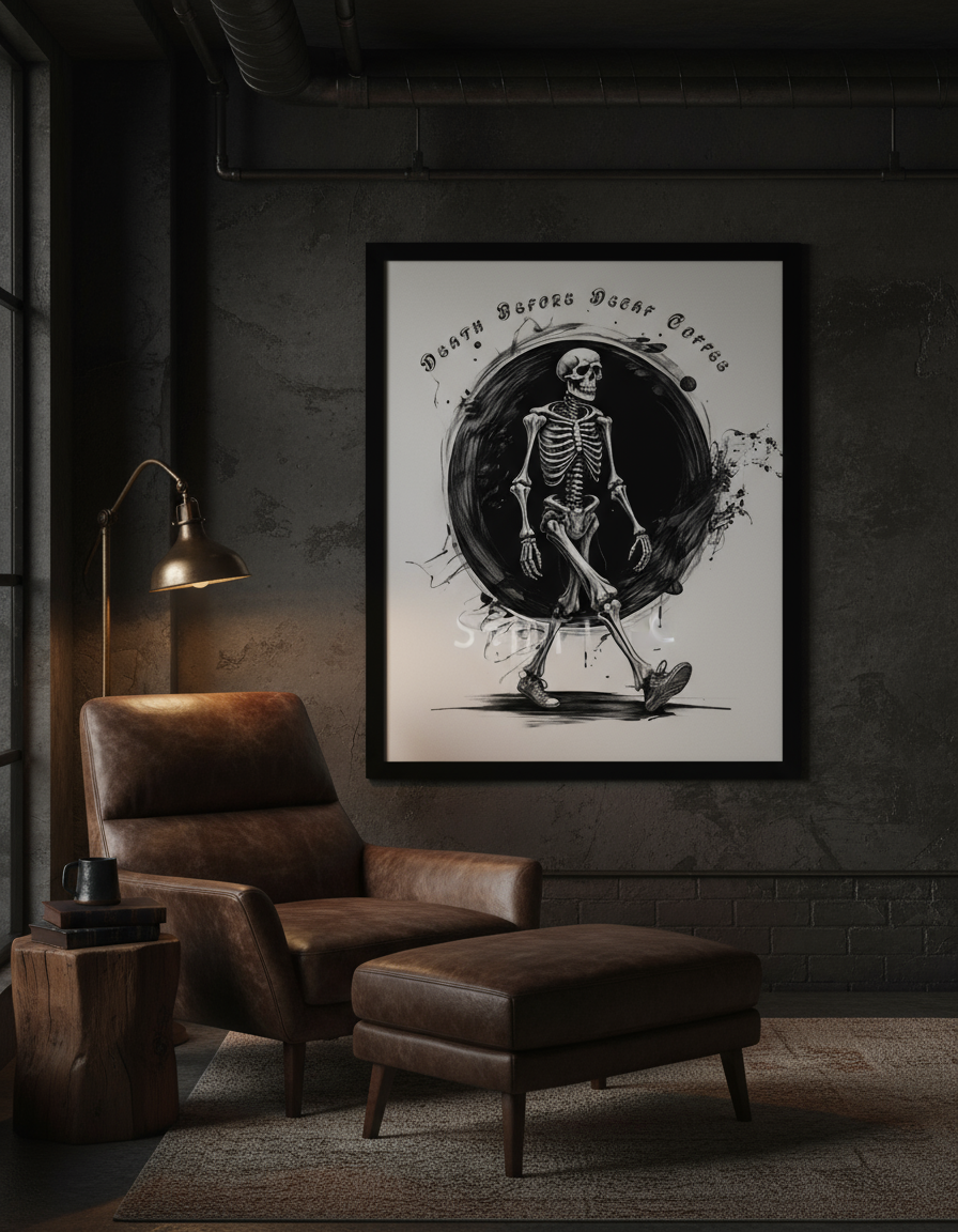 Death Before Decaf skeleton wall art in black frame on dark wall in industrial man cave with leather furniture and exposed brick"

