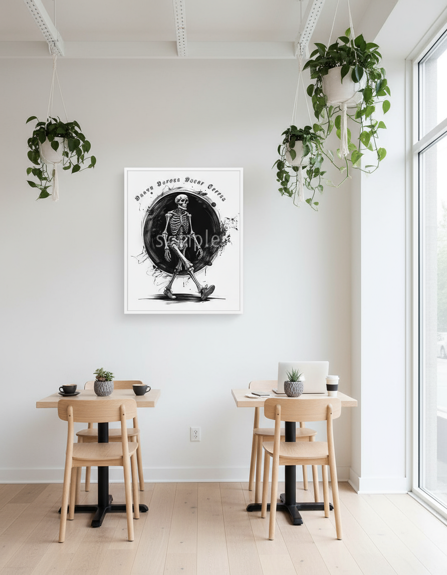 Death Before Decaf skeleton art print in white frame on cafe wall in minimalist Scandinavian coffee shop with natural light"

