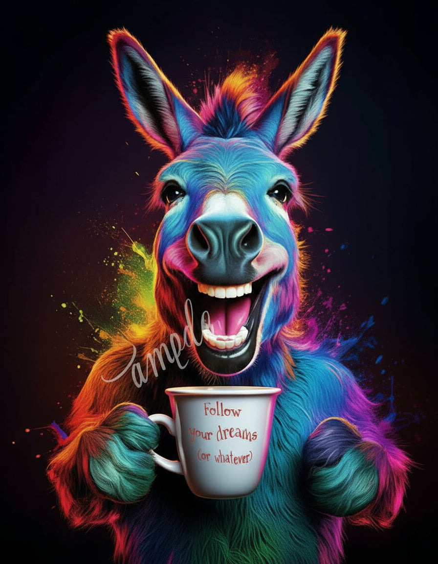 Colorful donkey holding a coffee cup in a cozy cafe setting with brick walls and wooden tables.