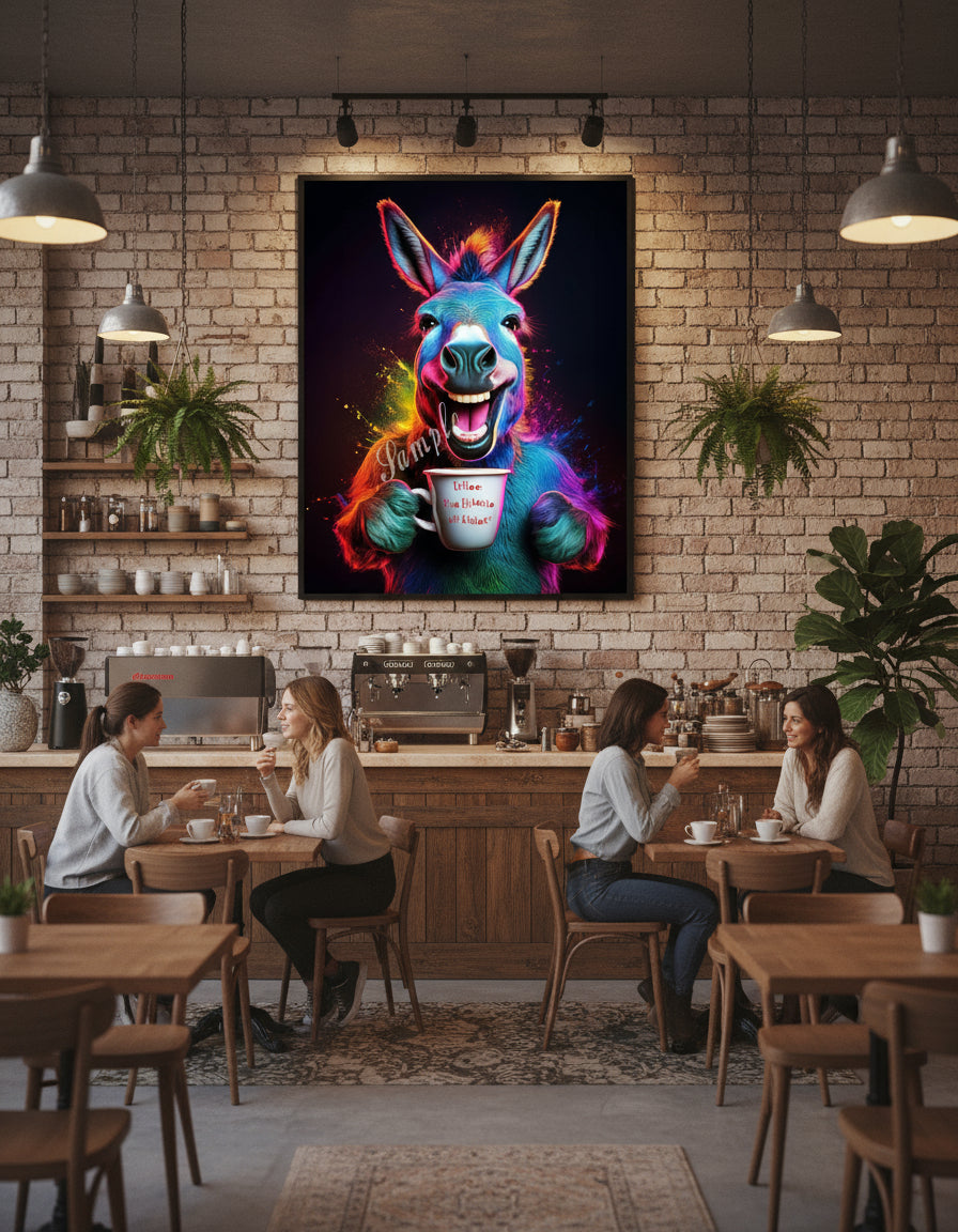 Colorful donkey holding a coffee cup with text on a dark background